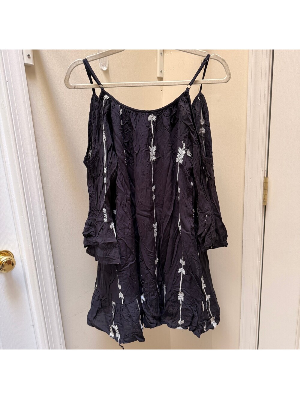 NWT Exist Navy Cold Shoulder Embroidered Viscose Boho Dress | Size L